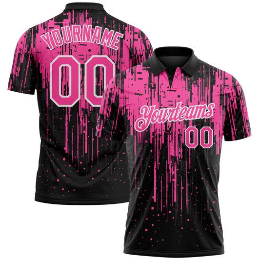 Custom Black Pink-White Dripping Splatter Paint Performance Polo Shirt - Main View