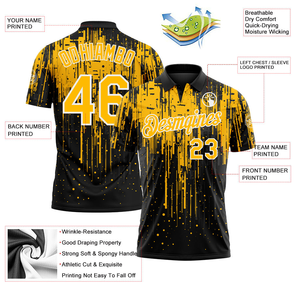 Custom Black Gold-White Dripping Splatter Paint Performance Polo Shirt view 3