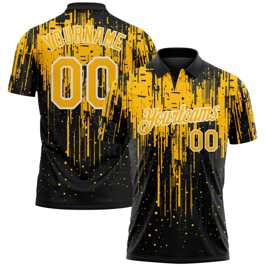 Custom Black Gold-White Dripping Splatter Paint Performance Polo Shirt - Main View
