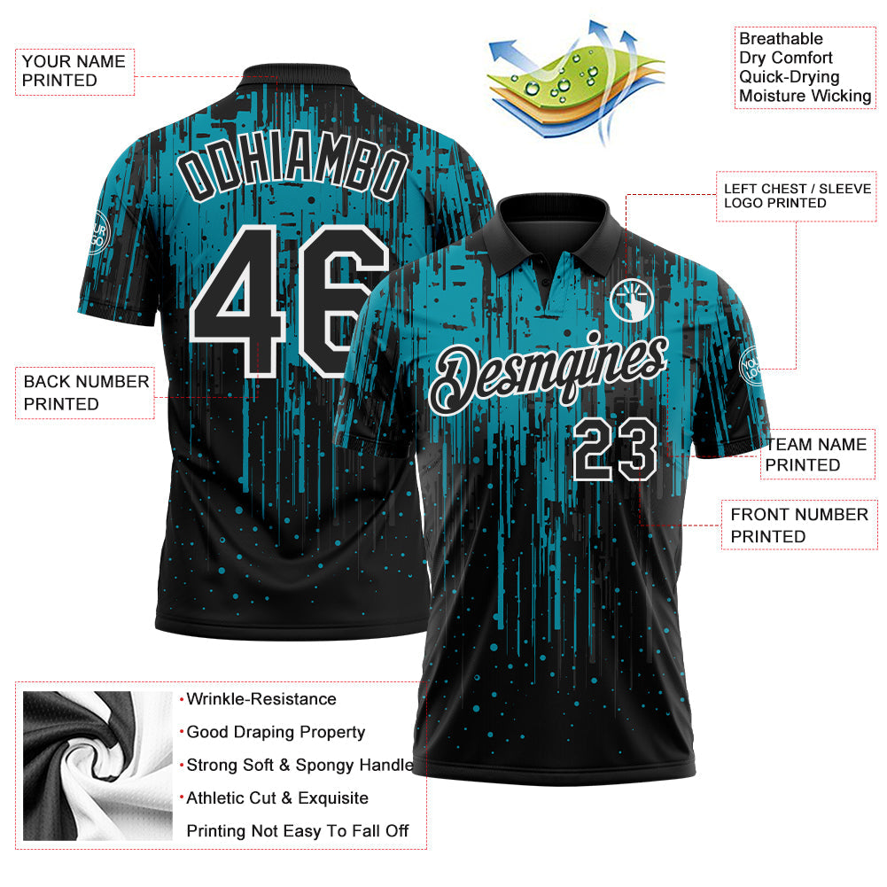 Custom Black Teal-White Dripping Splatter Paint Performance Polo Shirt view 3