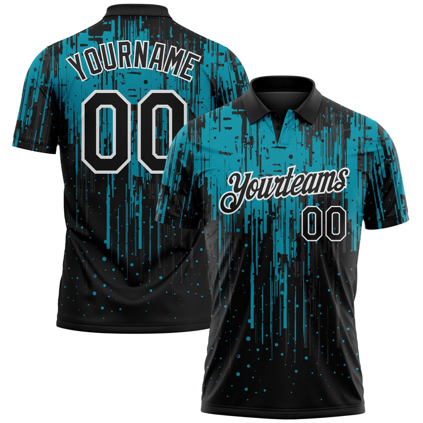 Custom Black Teal-White Dripping Splatter Paint Performance Polo Shirt - Main View