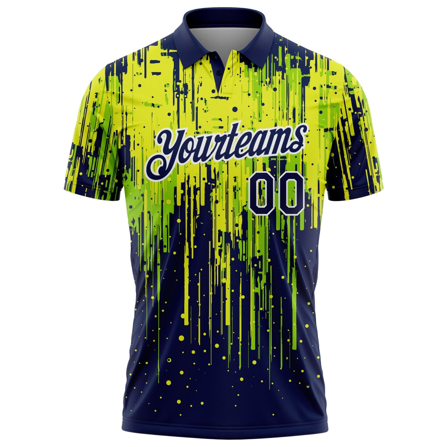 Custom Navy Neon Green Neon Yellow-White Dripping Splatter Paint Performance Polo Shirt view 2