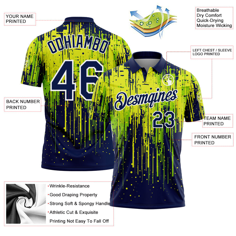 Custom Navy Neon Green Neon Yellow-White Dripping Splatter Paint Performance Polo Shirt view 3