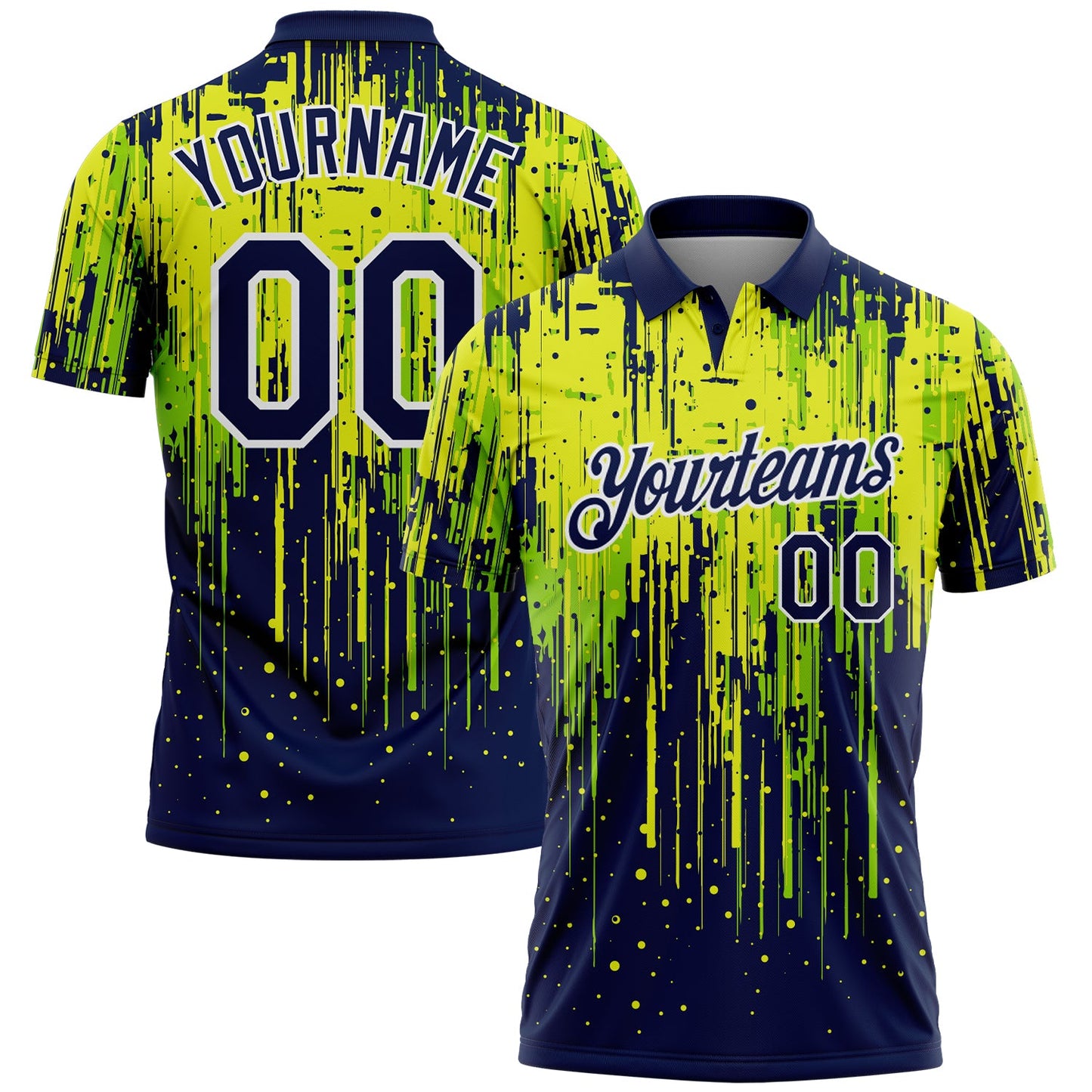 Custom Navy Neon Green Neon Yellow-White Dripping Splatter Paint Performance Polo Shirt - Main View