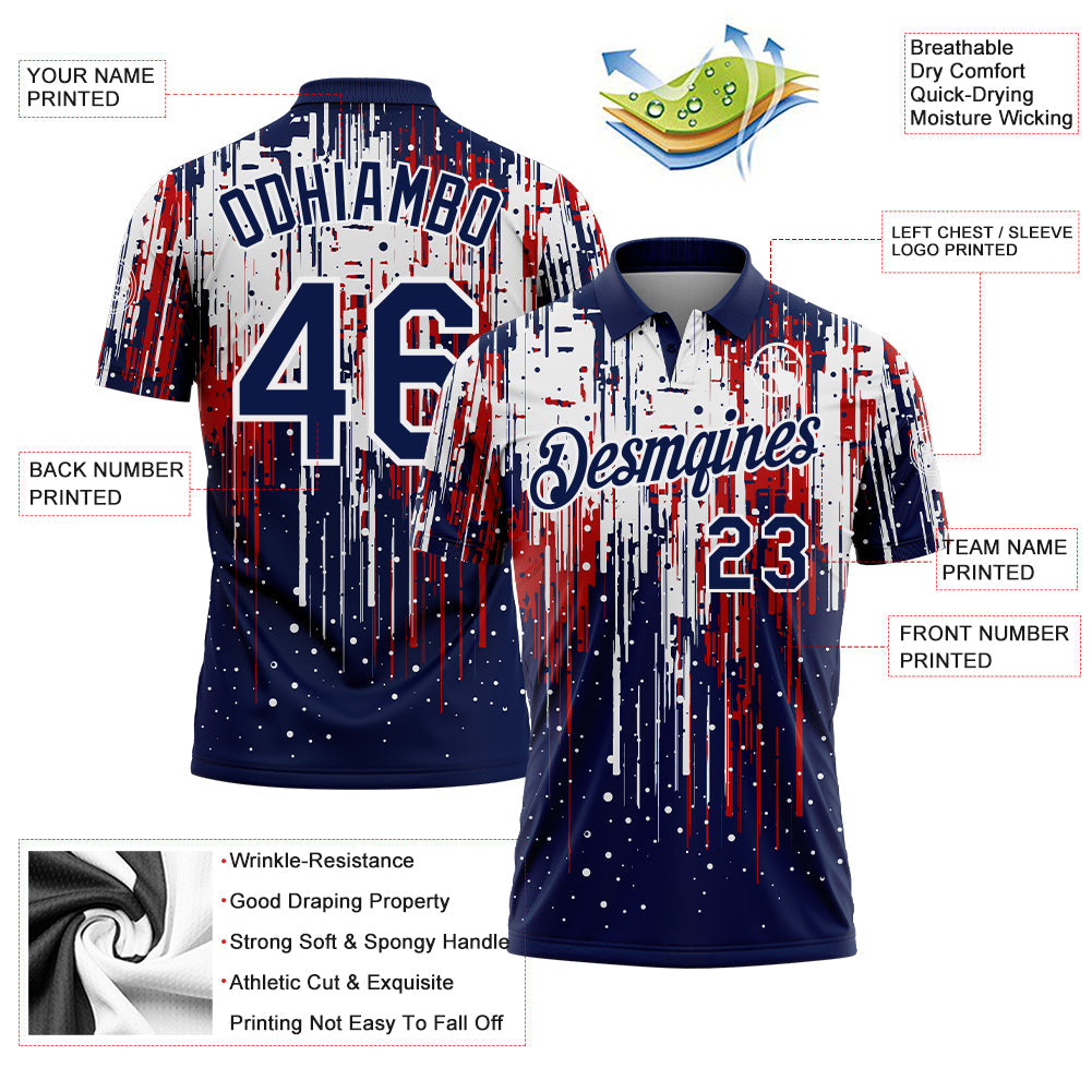 Custom Navy Red-White Dripping Splatter Paint Performance Polo Shirt view 3