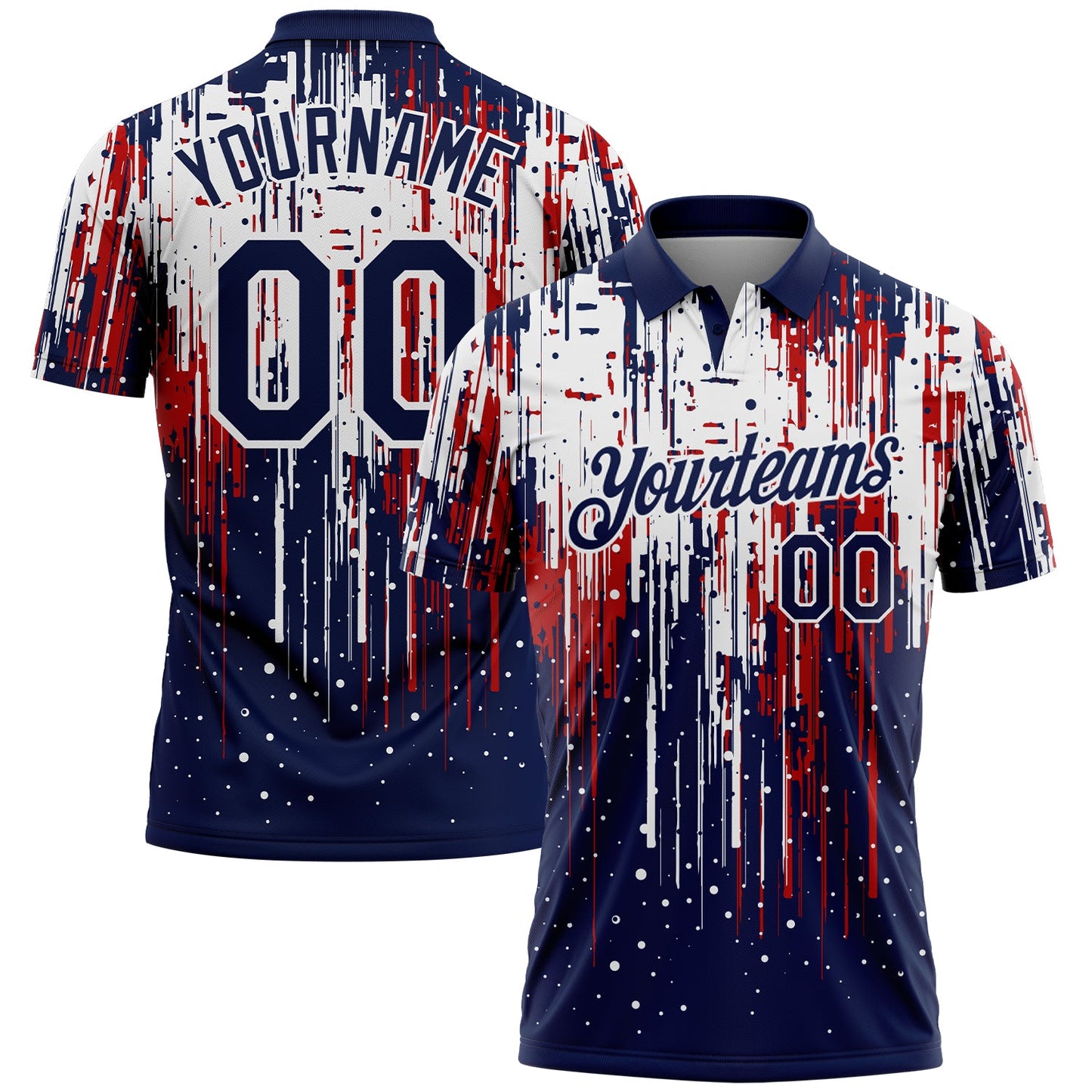 Custom Navy Red-White Dripping Splatter Paint Performance Polo Shirt - Main View