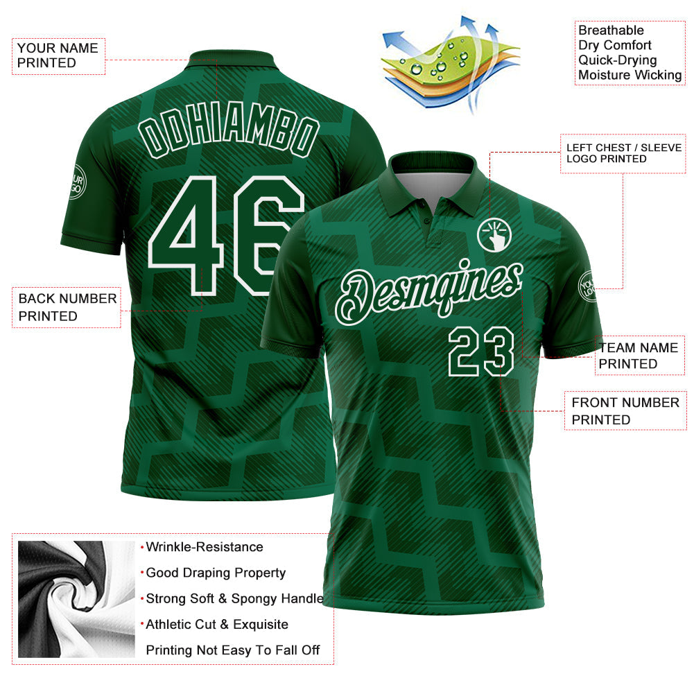 Custom Green Kelly Green-White Geometric Block Diagonal Line Hatching Performance Polo Shirt view 3