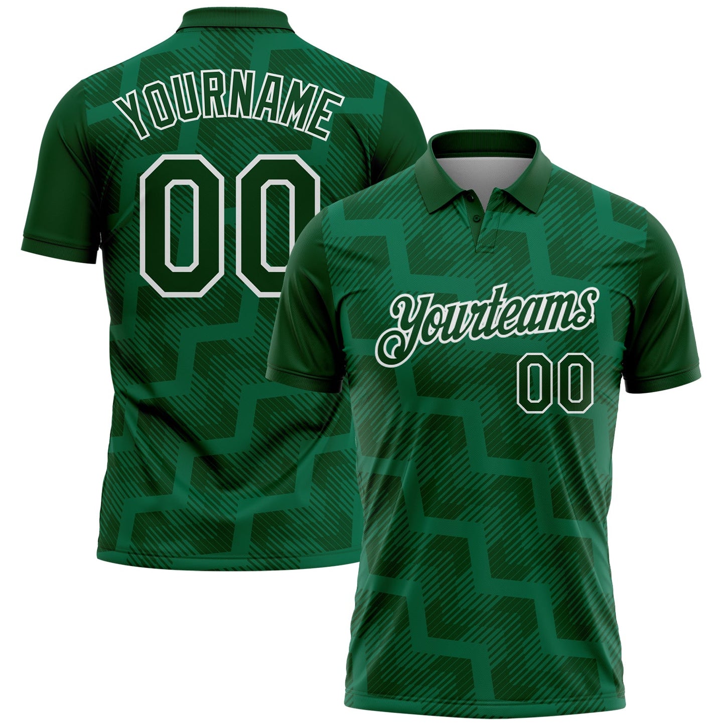 Custom Green Kelly Green-White Geometric Block Diagonal Line Hatching Performance Polo Shirt - Main View
