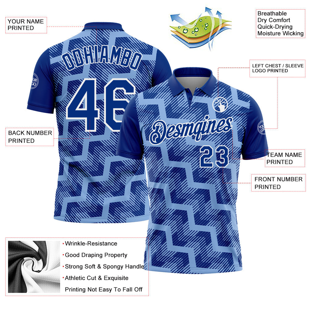 Custom Royal Light Blue-White Geometric Block Diagonal Line Hatching Performance Polo Shirt view 3
