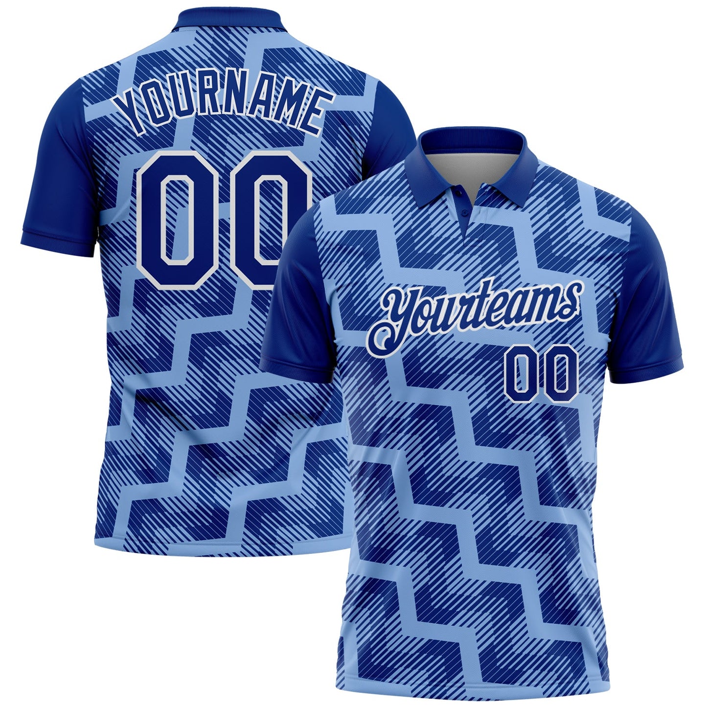Custom Royal Light Blue-White Geometric Block Diagonal Line Hatching Performance Polo Shirt - Main View