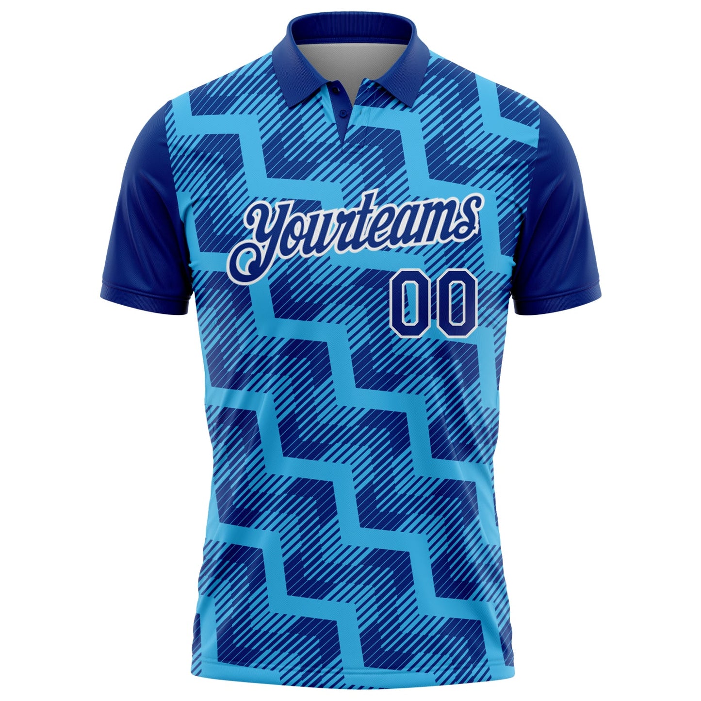 Custom Royal Sky Blue-White Geometric Block Diagonal Line Hatching Performance Polo Shirt view 2