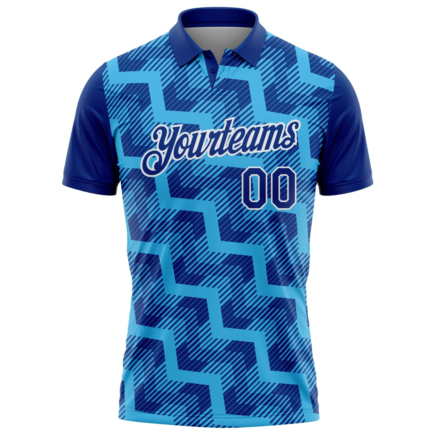 Custom Royal Sky Blue-White Geometric Block Diagonal Line Hatching Performance Polo Shirt view 2