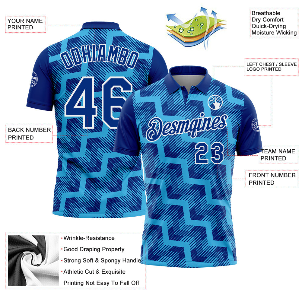 Custom Royal Sky Blue-White Geometric Block Diagonal Line Hatching Performance Polo Shirt view 3