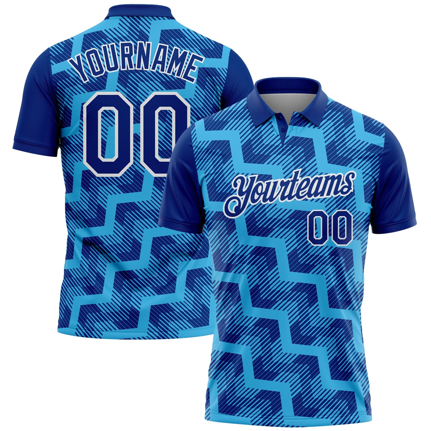 Custom Royal Sky Blue-White Geometric Block Diagonal Line Hatching Performance Polo Shirt - Main View