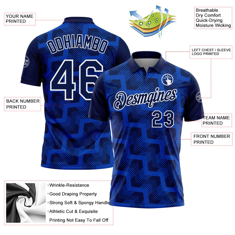 Custom Navy Thunder Blue-White Geometric Block Diagonal Line Hatching Performance Polo Shirt view 3