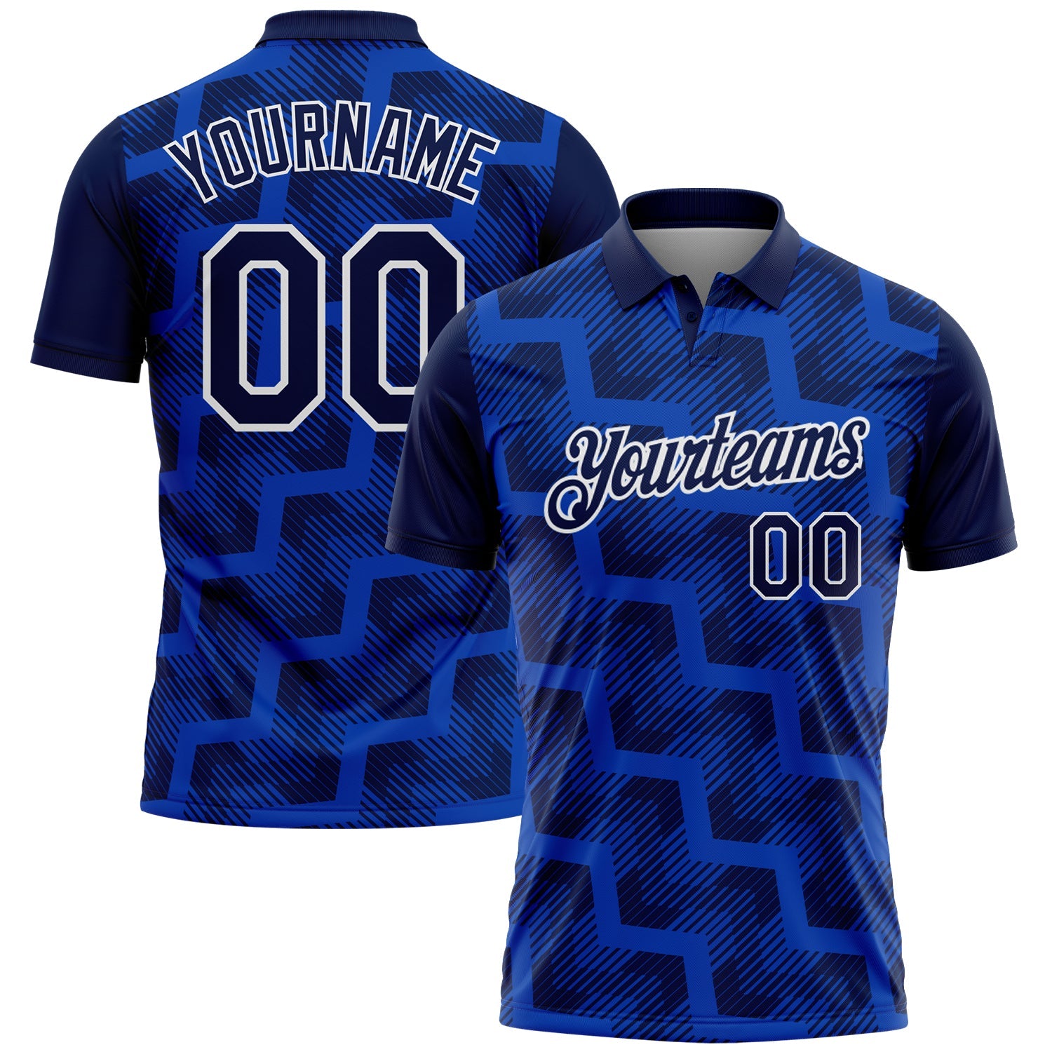 Custom Navy Thunder Blue-White Geometric Block Diagonal Line Hatching Performance Polo Shirt - Main View