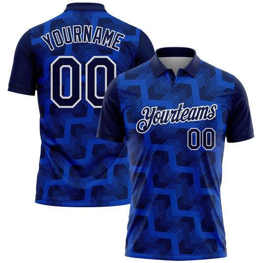 Custom Navy Thunder Blue-White Geometric Block Diagonal Line Hatching Performance Polo Shirt - Main View