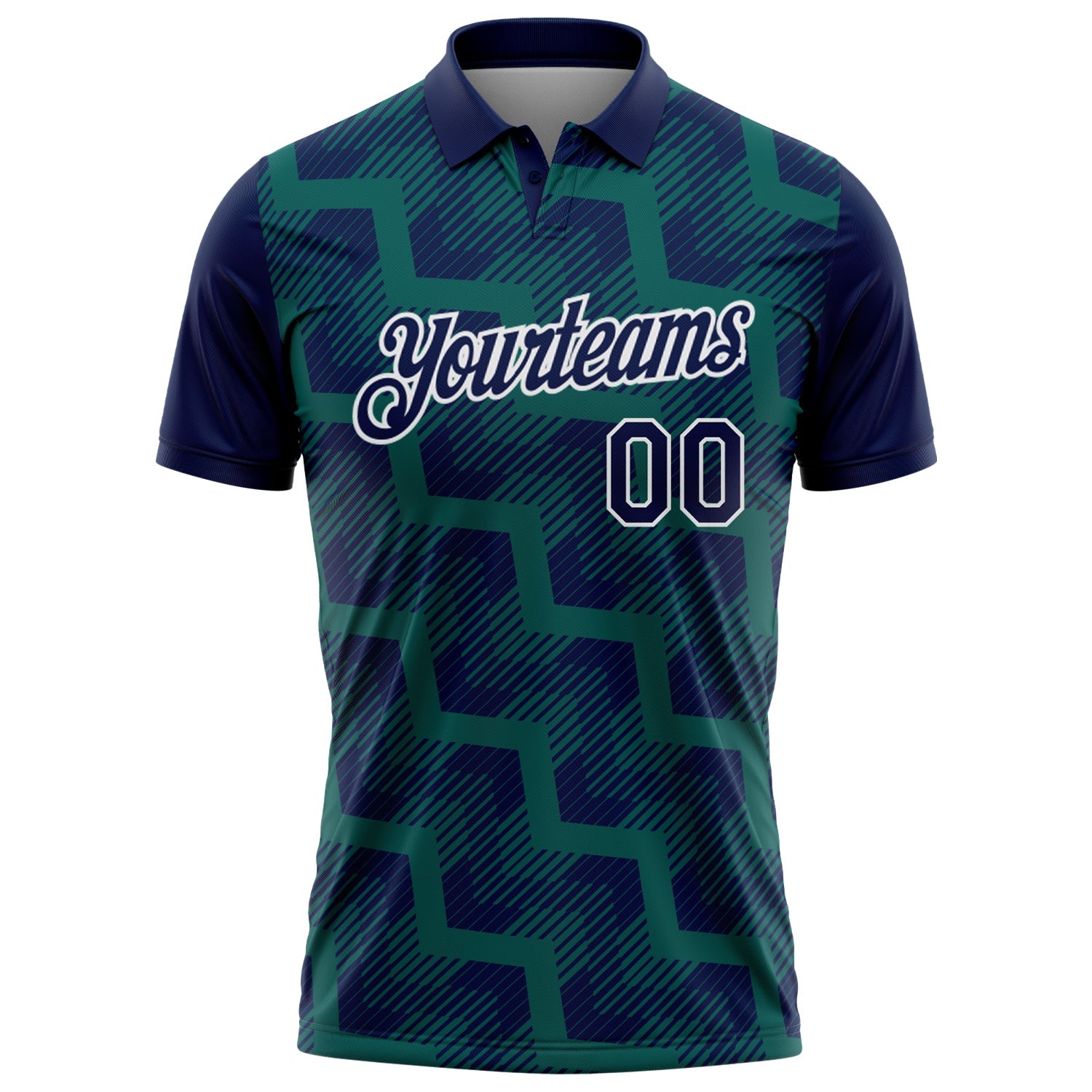Custom Navy Midnight Green-White Geometric Block Diagonal Line Hatching Performance Polo Shirt view 2