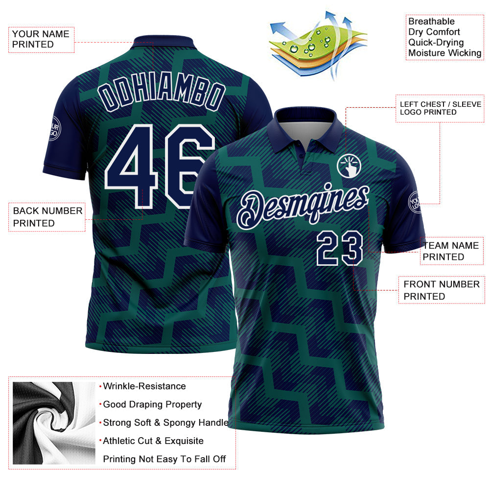 Custom Navy Midnight Green-White Geometric Block Diagonal Line Hatching Performance Polo Shirt view 3