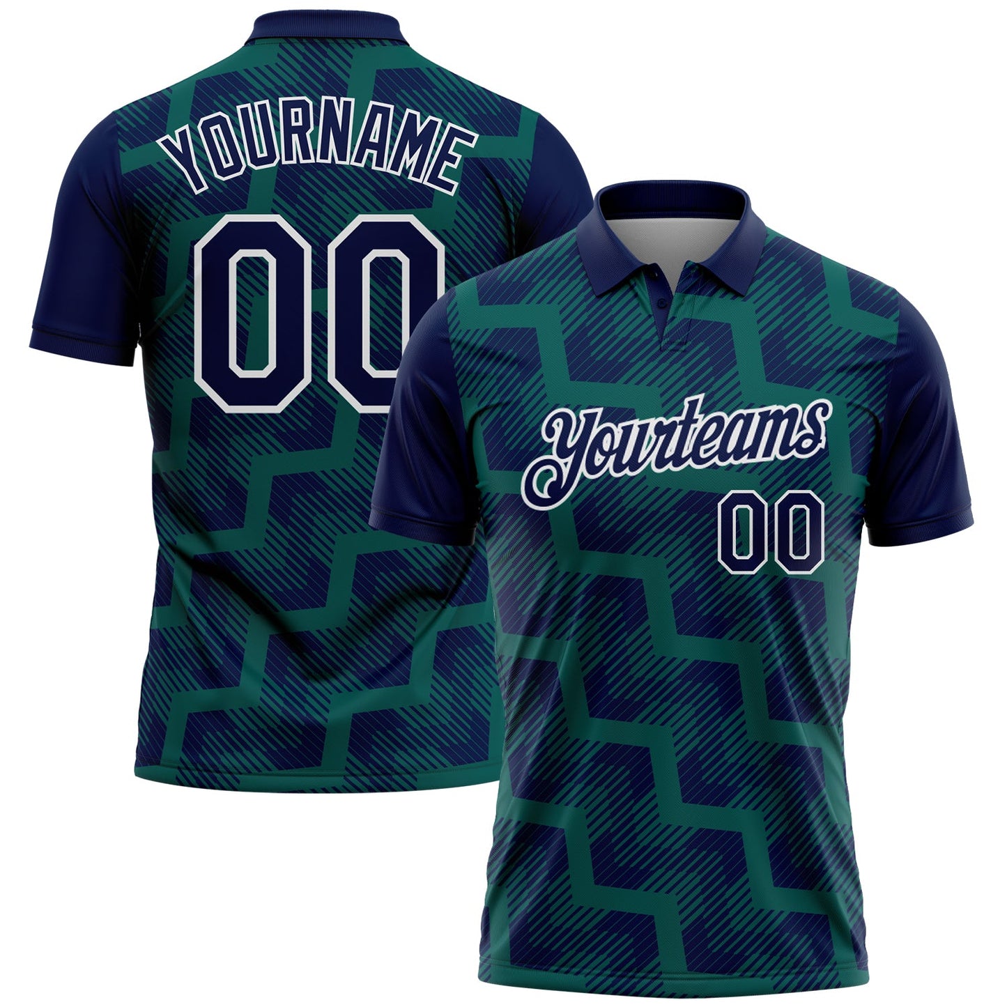 Custom Navy Midnight Green-White Geometric Block Diagonal Line Hatching Performance Polo Shirt - Main View
