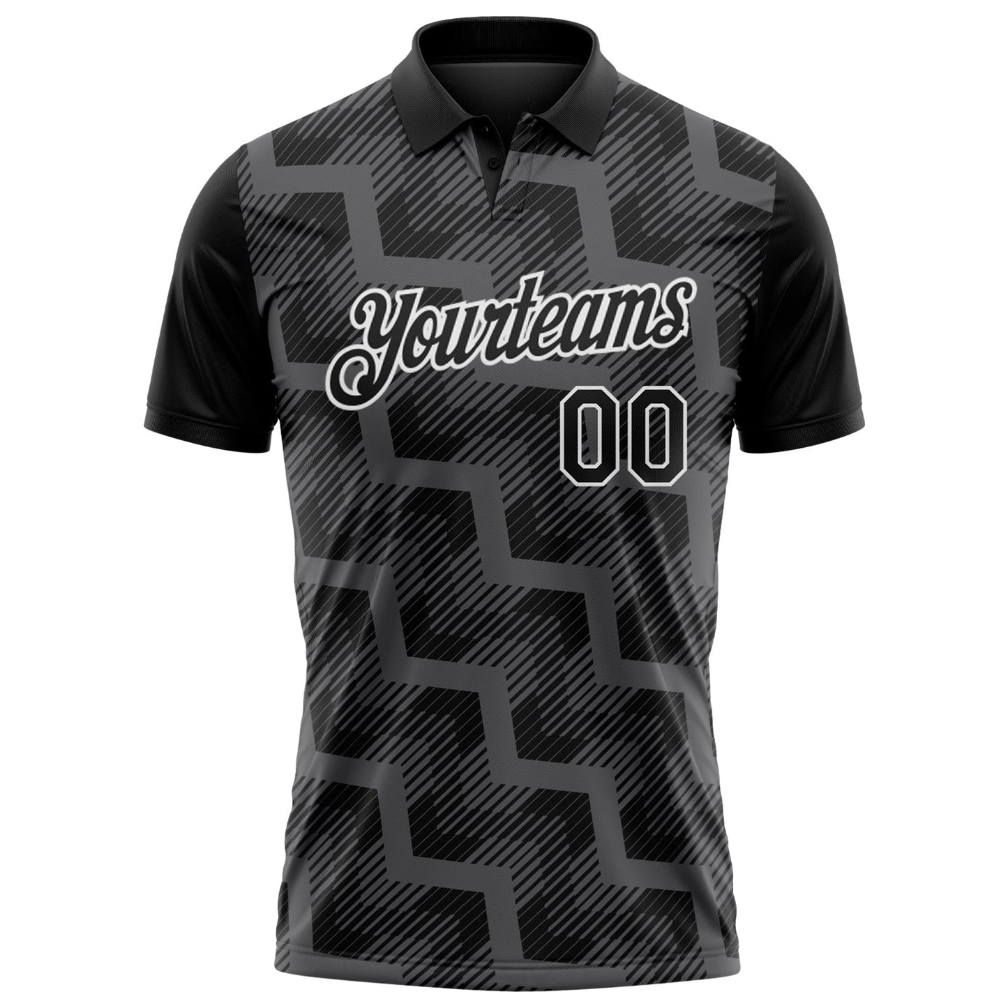Custom Black Steel Gray-White Geometric Block Diagonal Line Hatching Performance Polo Shirt view 2