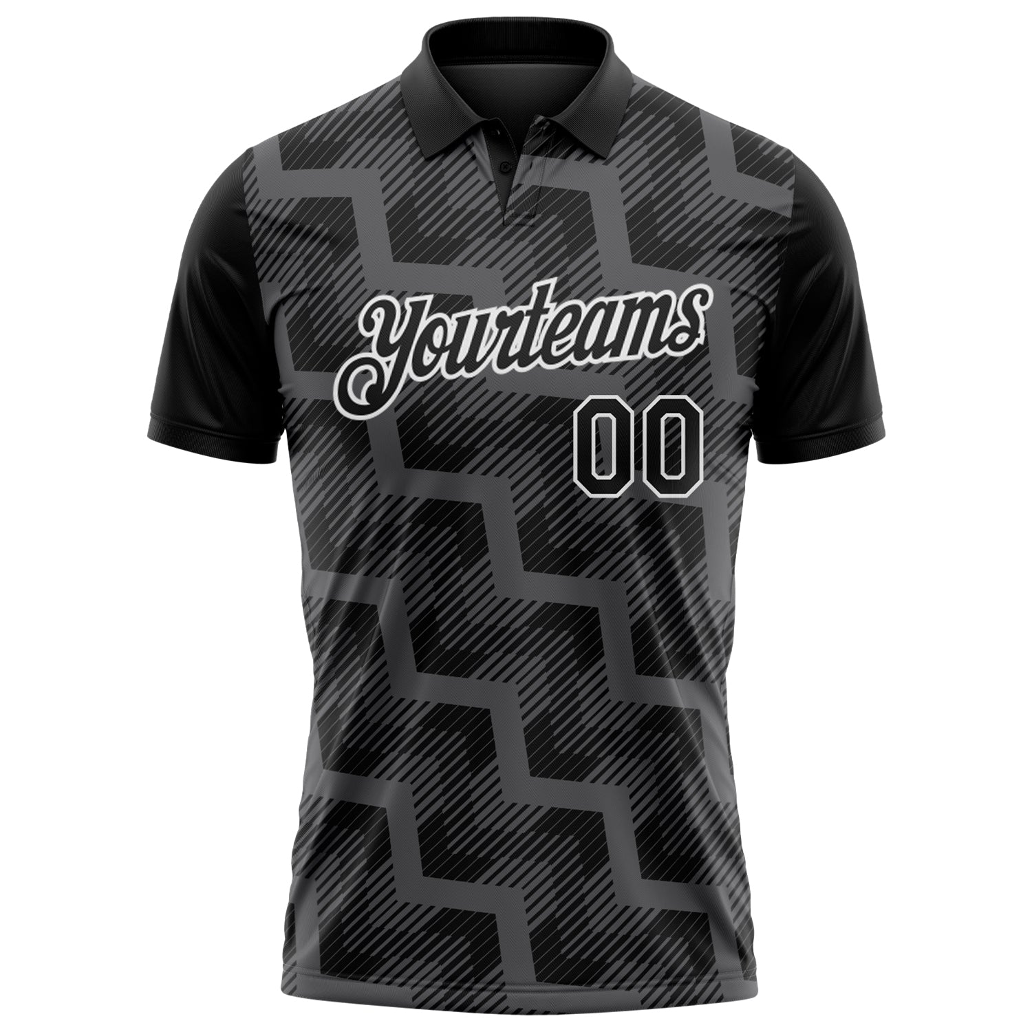 Custom Black Steel Gray-White Geometric Block Diagonal Line Hatching Performance Polo Shirt view 2