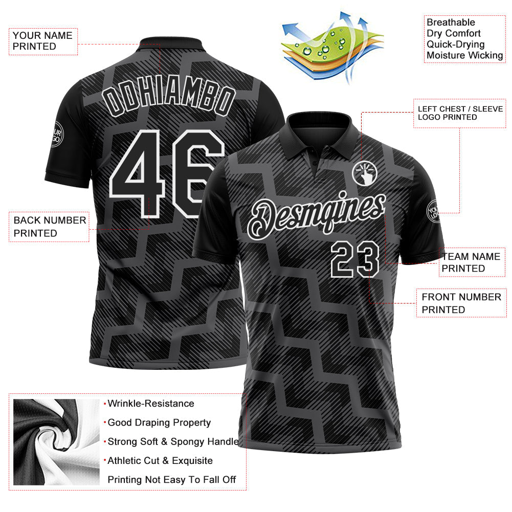 Custom Black Steel Gray-White Geometric Block Diagonal Line Hatching Performance Polo Shirt view 3