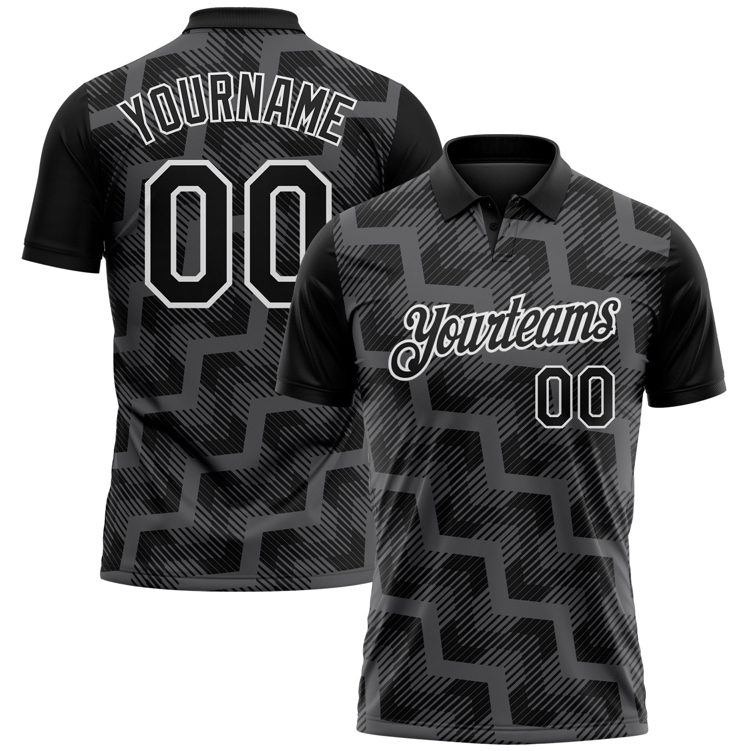 Custom Black Steel Gray-White Geometric Block Diagonal Line Hatching Performance Polo Shirt - Main View