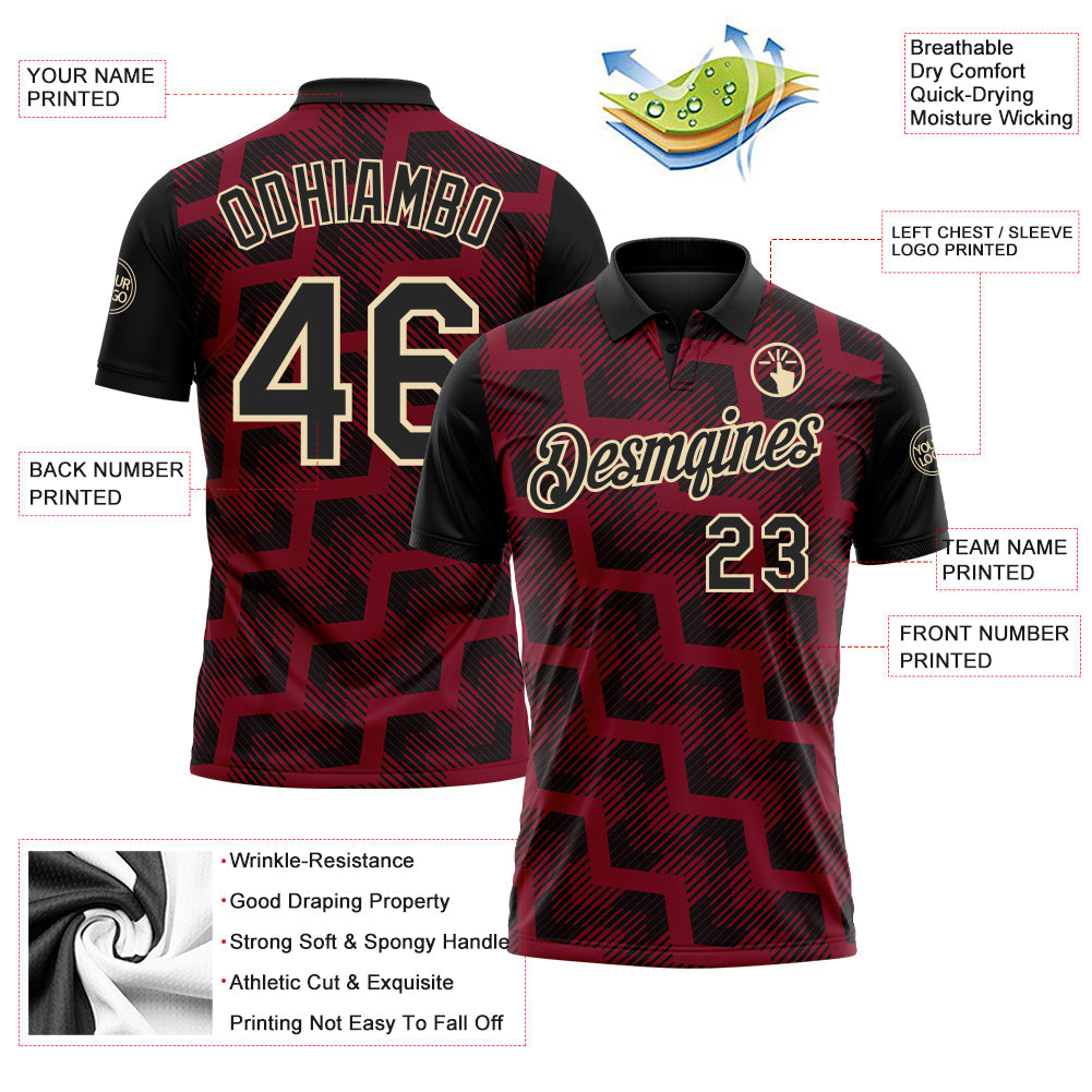 Custom Black Crimson-Cream Geometric Block Diagonal Line Hatching Performance Polo Shirt view 3