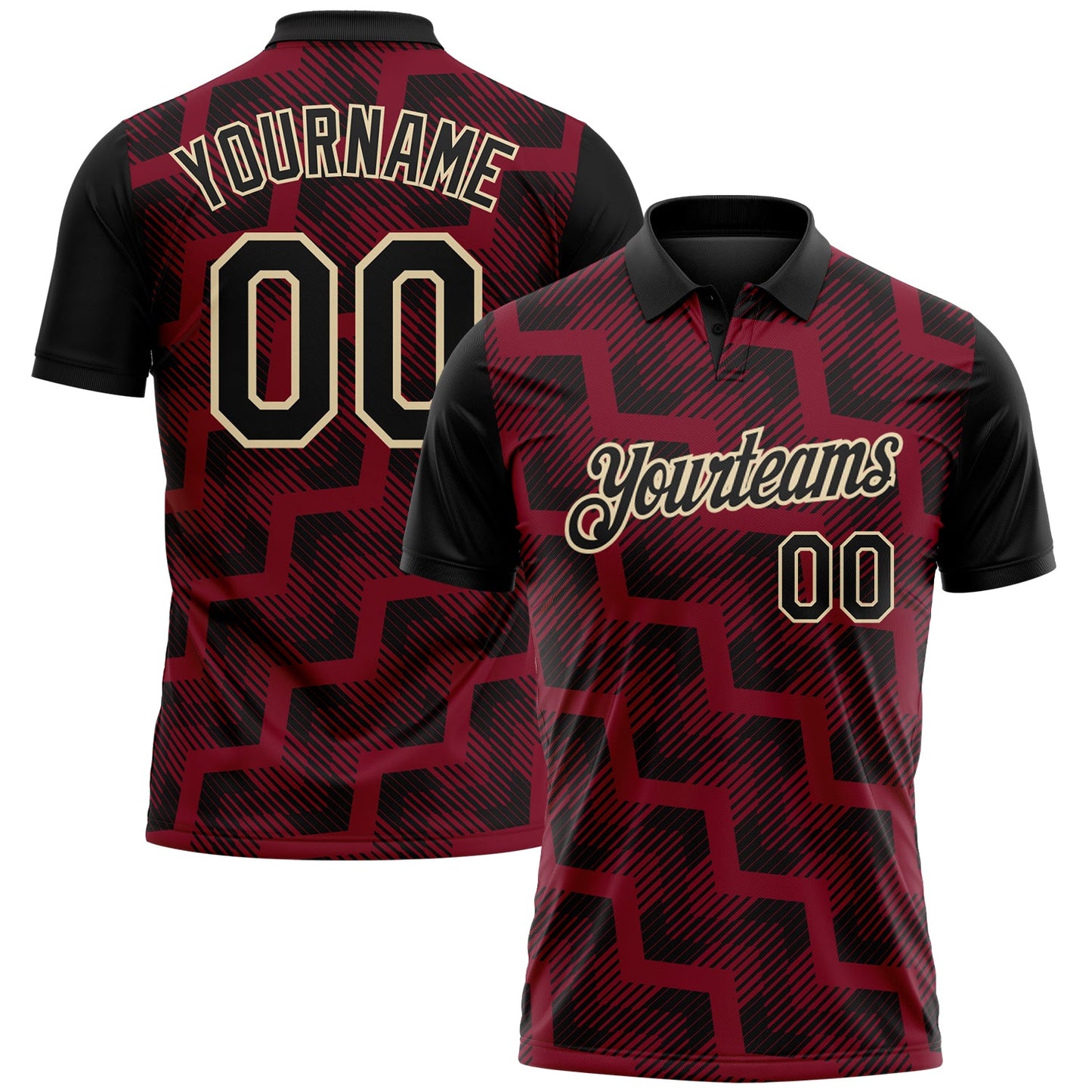 Custom Black Crimson-Cream Geometric Block Diagonal Line Hatching Performance Polo Shirt - Main View