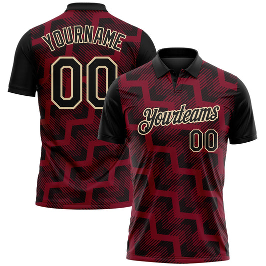 Custom Black Crimson-Cream Geometric Block Diagonal Line Hatching Performance Polo Shirt - Main View