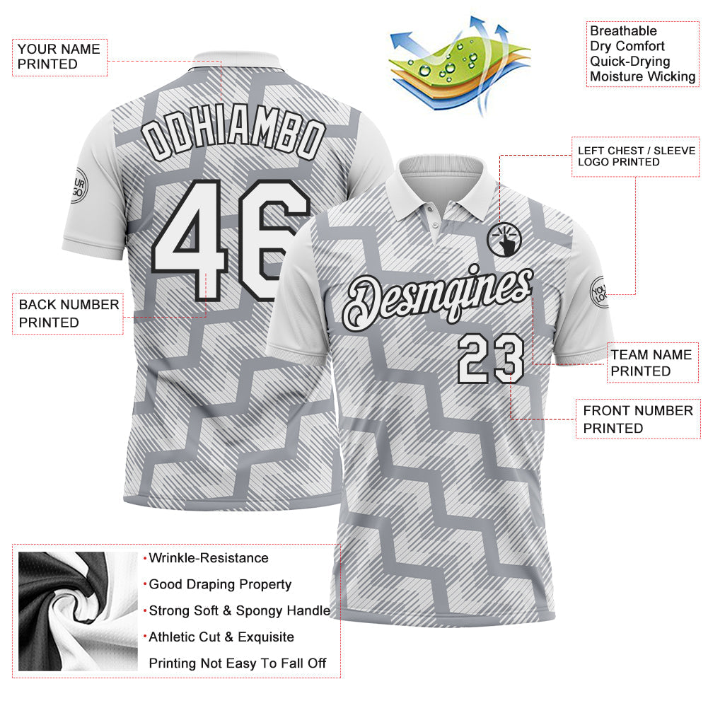 Custom White Gray-Black Geometric Block Diagonal Line Hatching Performance Polo Shirt view 3
