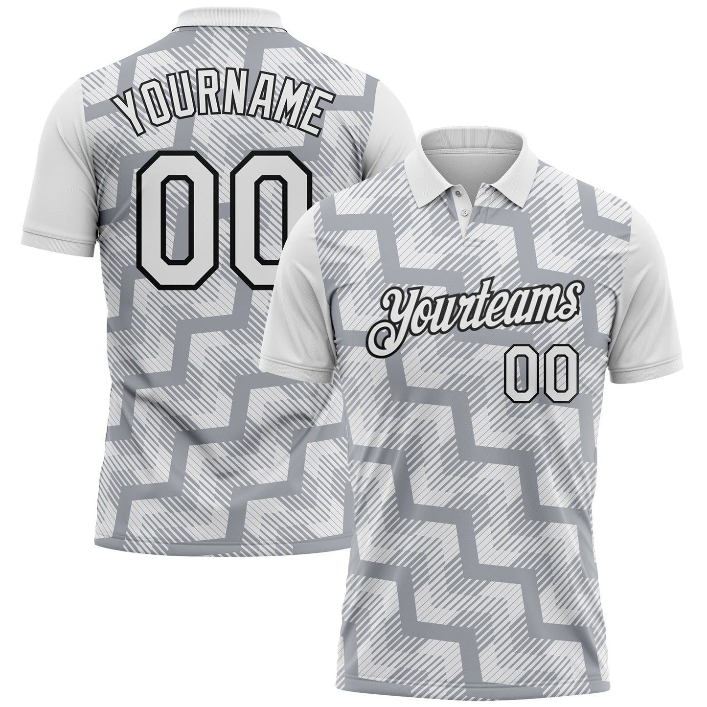 Custom White Gray-Black Geometric Block Diagonal Line Hatching Performance Polo Shirt - Main View