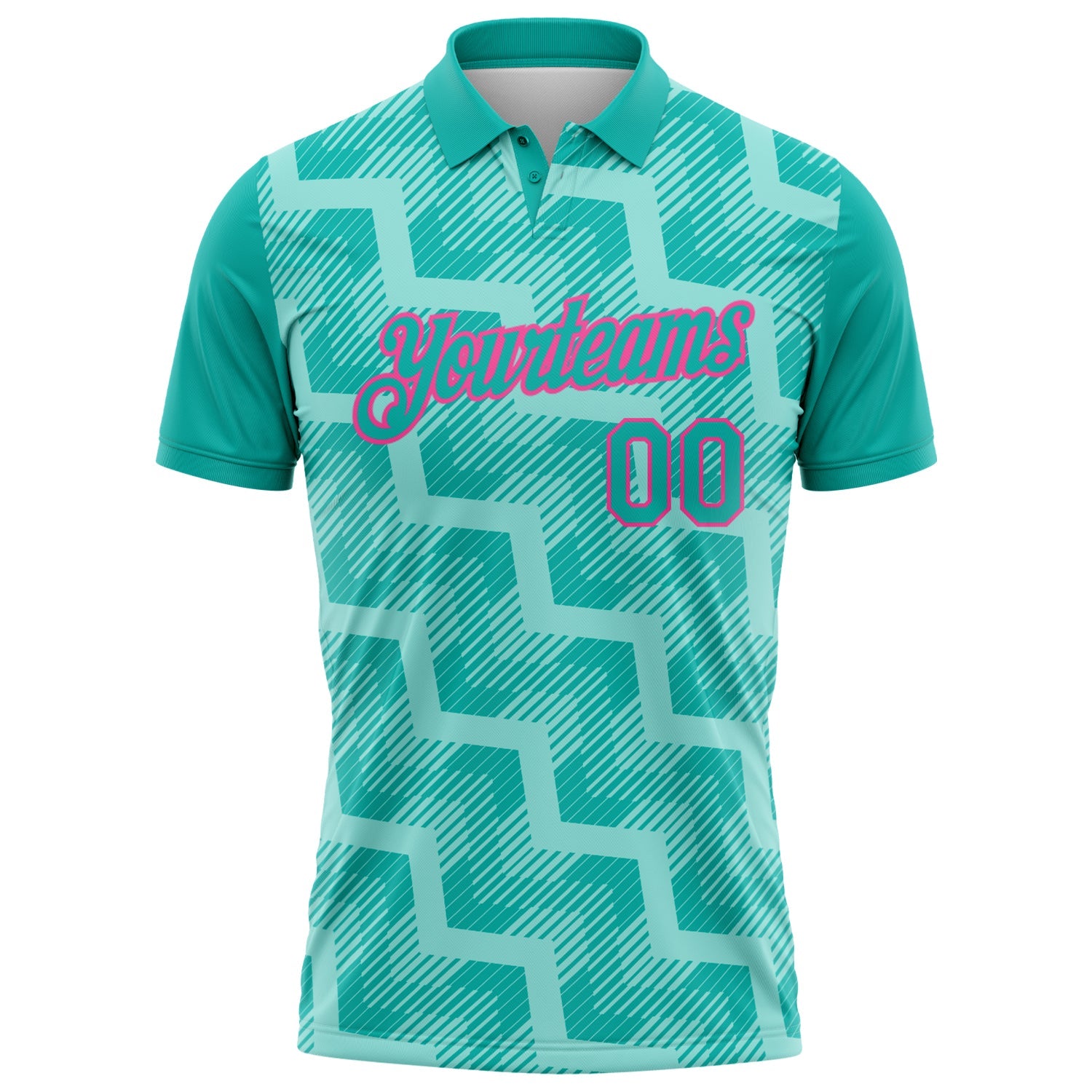 Custom Aqua Ice Blue-Pink Geometric Block Diagonal Line Hatching Performance Polo Shirt view 2