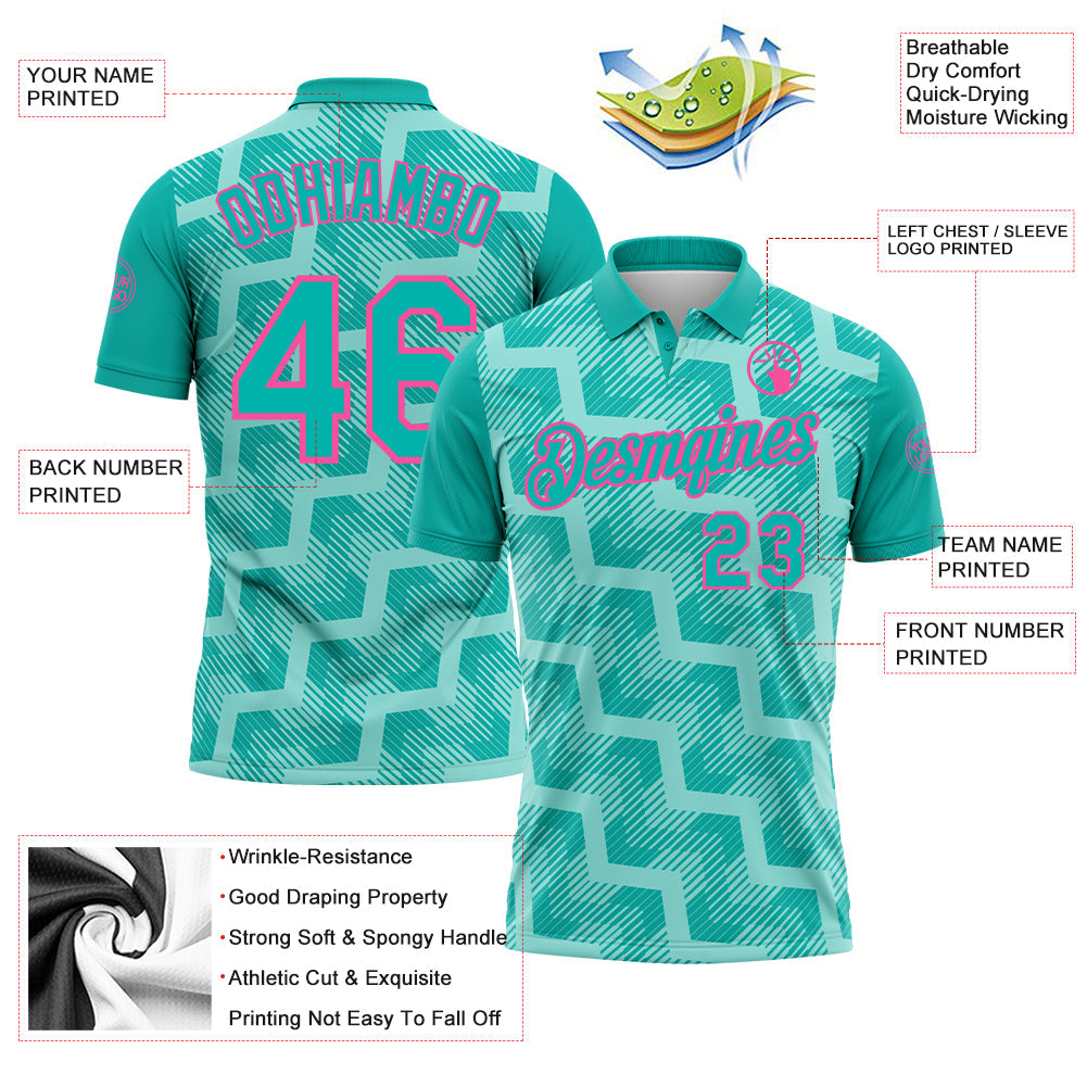 Custom Aqua Ice Blue-Pink Geometric Block Diagonal Line Hatching Performance Polo Shirt view 3