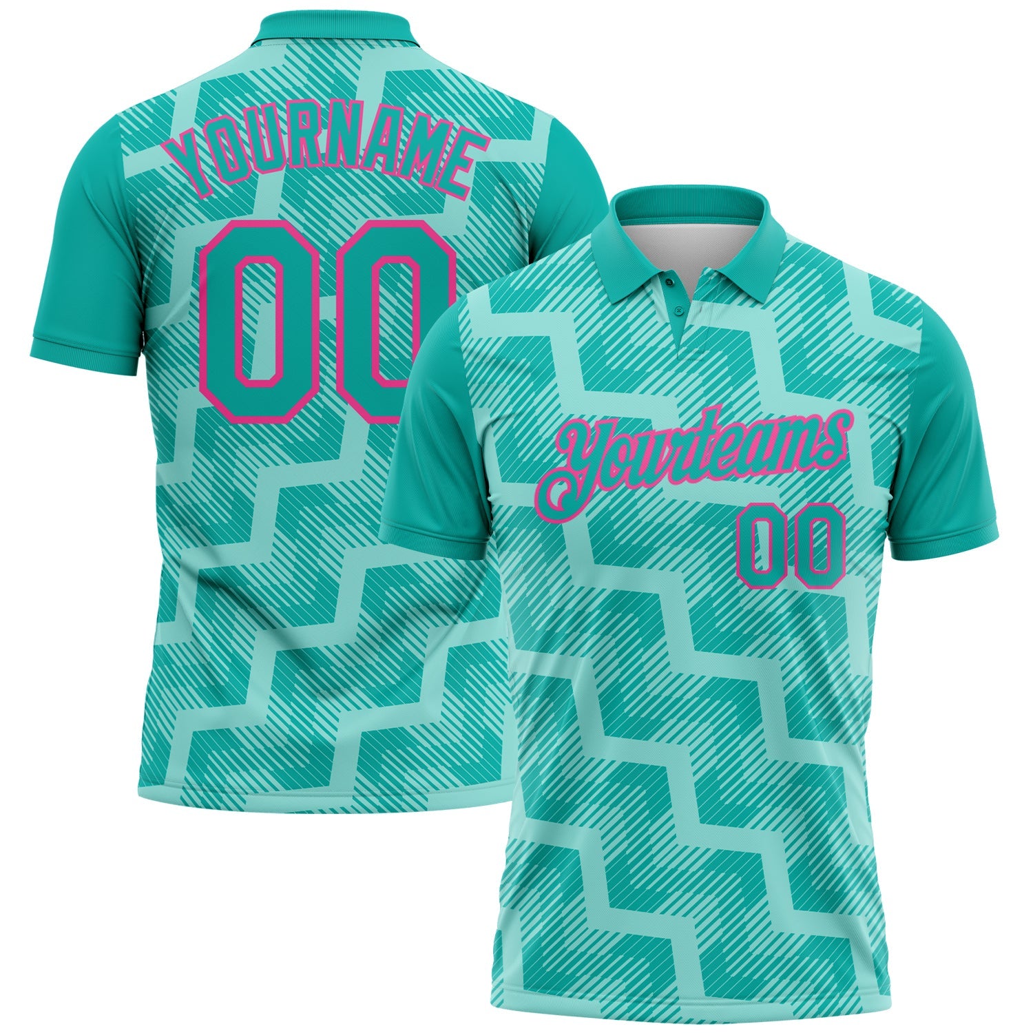 Custom Aqua Ice Blue-Pink Geometric Block Diagonal Line Hatching Performance Polo Shirt - Main View