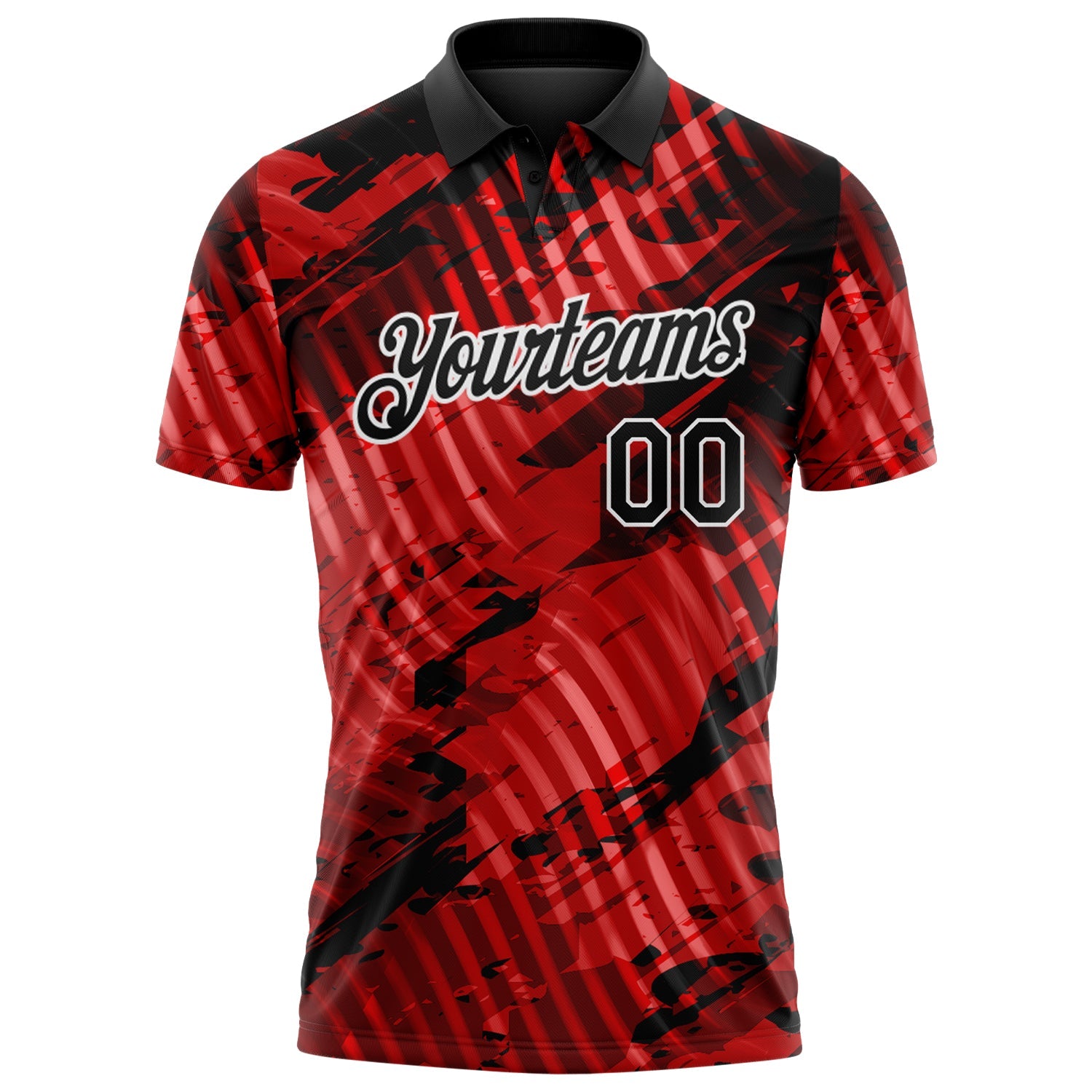 Custom Black Red-White Abstract Grunge Splatter Diagonal Stripe Performance Polo Shirt view 2
