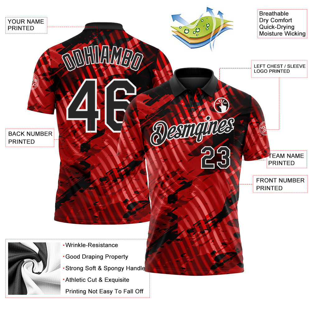 Custom Black Red-White Abstract Grunge Splatter Diagonal Stripe Performance Polo Shirt view 3