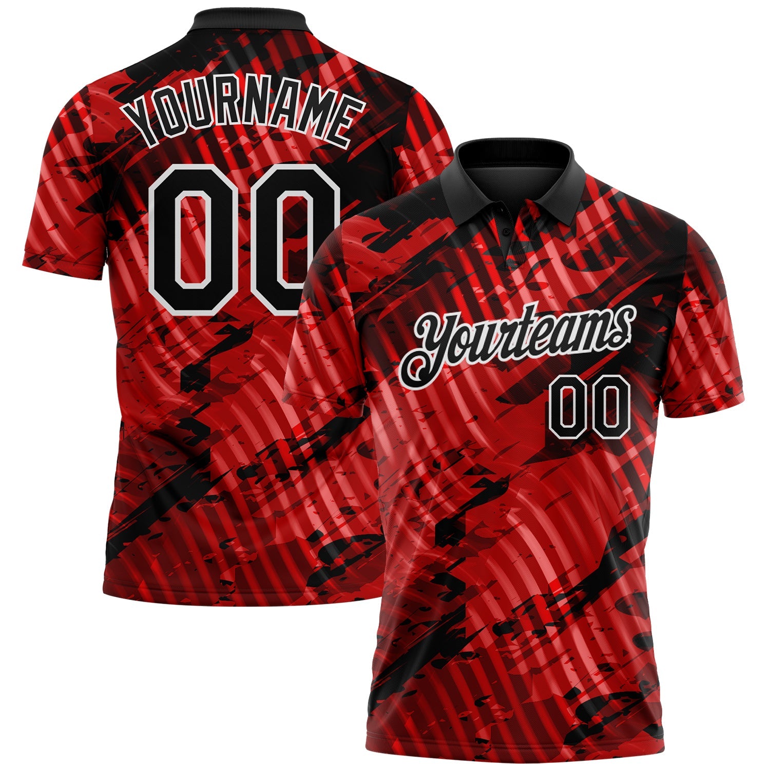 Custom Black Red-White Abstract Grunge Splatter Diagonal Stripe Performance Polo Shirt - Main View
