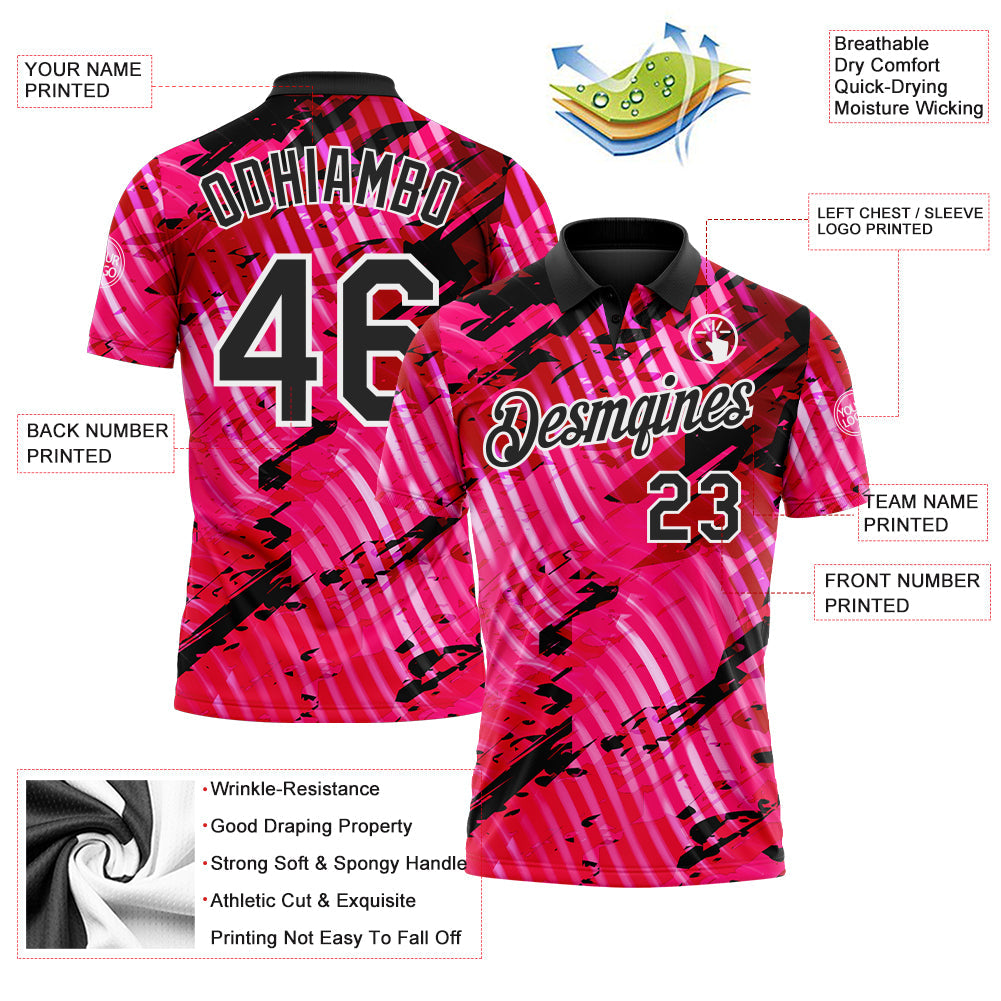 Custom Black Pink-White Abstract Grunge Splatter Diagonal Stripe Performance Polo Shirt view 3