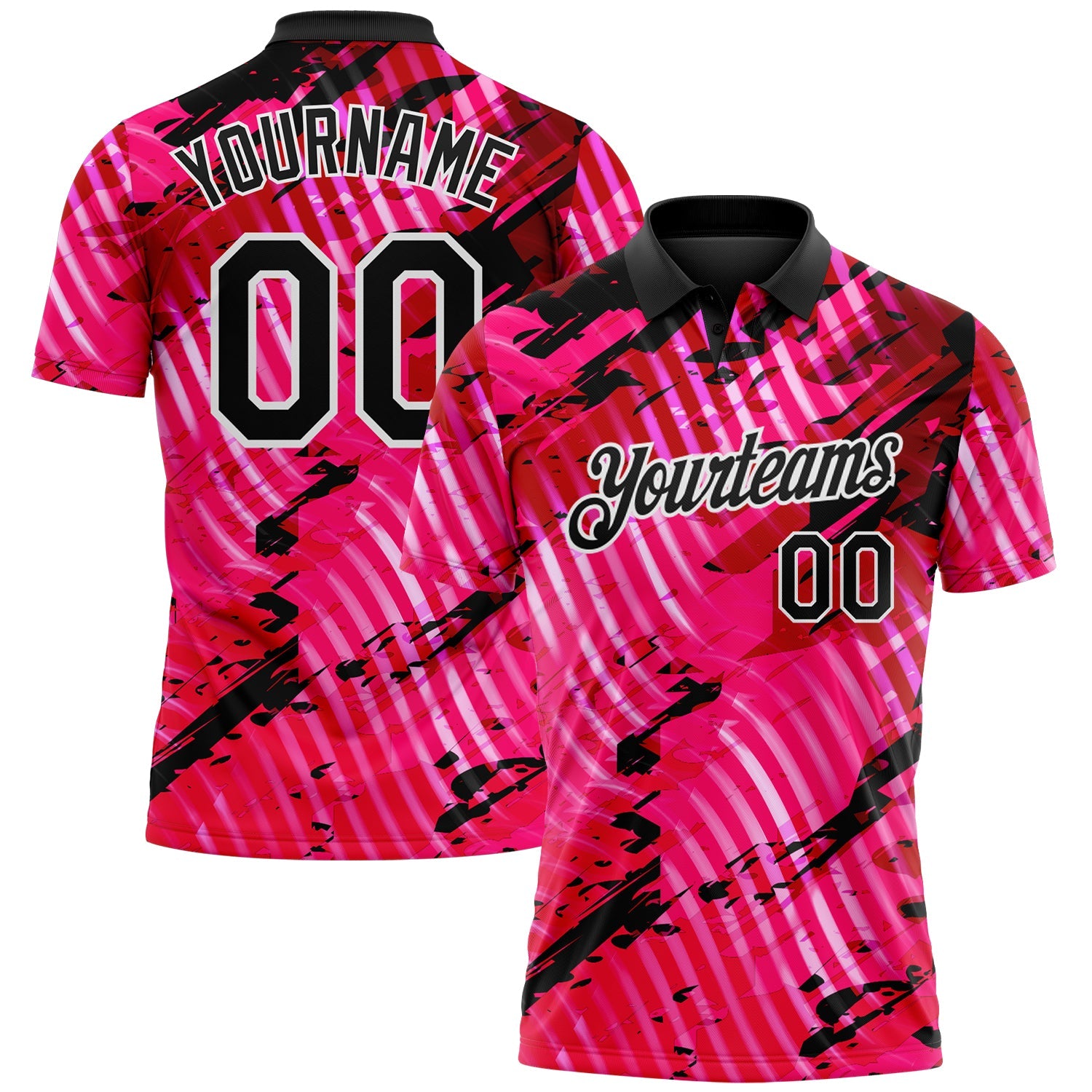 Custom Black Pink-White Abstract Grunge Splatter Diagonal Stripe Performance Polo Shirt - Main View