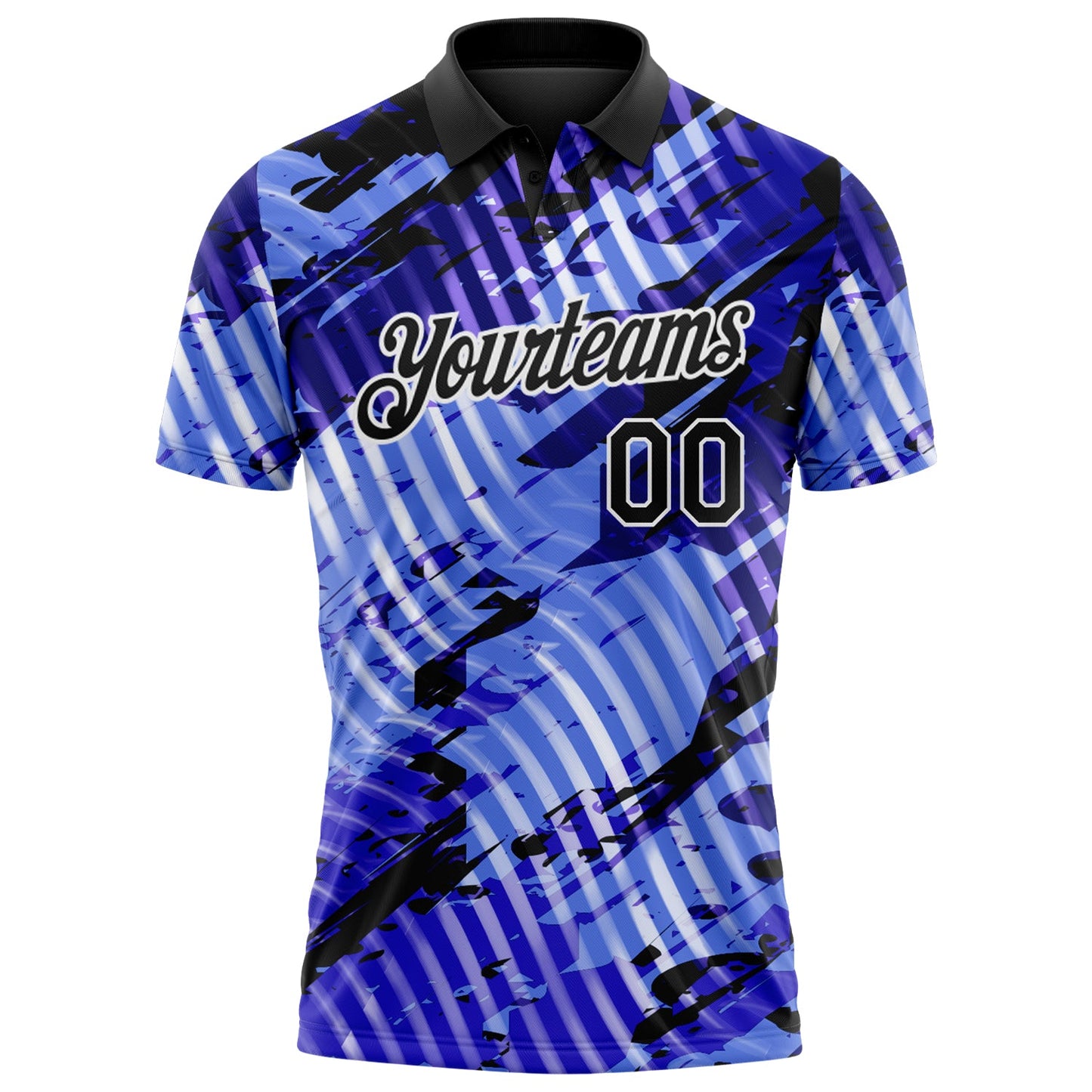 Custom Black Light Blue-White Abstract Grunge Splatter Diagonal Stripe Performance Polo Shirt view 2