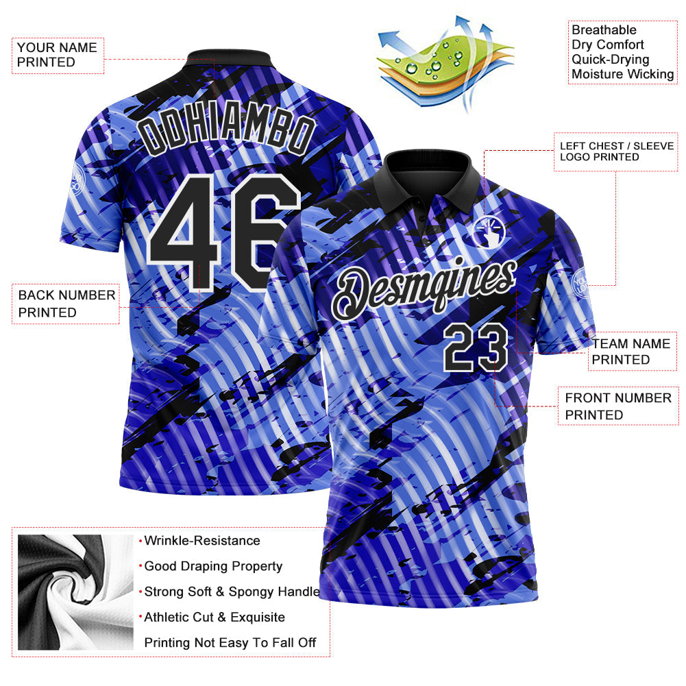 Custom Black Light Blue-White Abstract Grunge Splatter Diagonal Stripe Performance Polo Shirt view 3