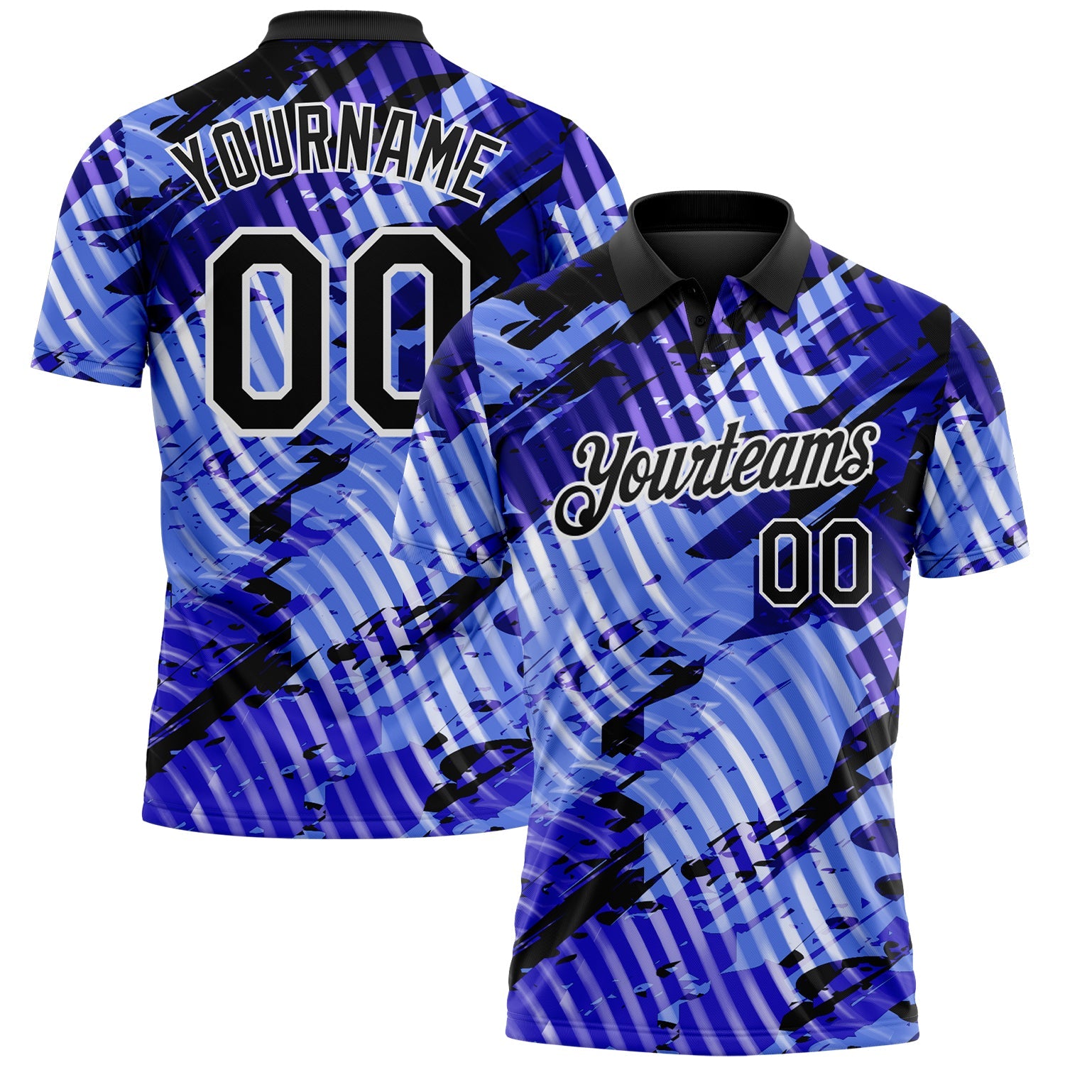 Custom Black Light Blue-White Abstract Grunge Splatter Diagonal Stripe Performance Polo Shirt - Main View