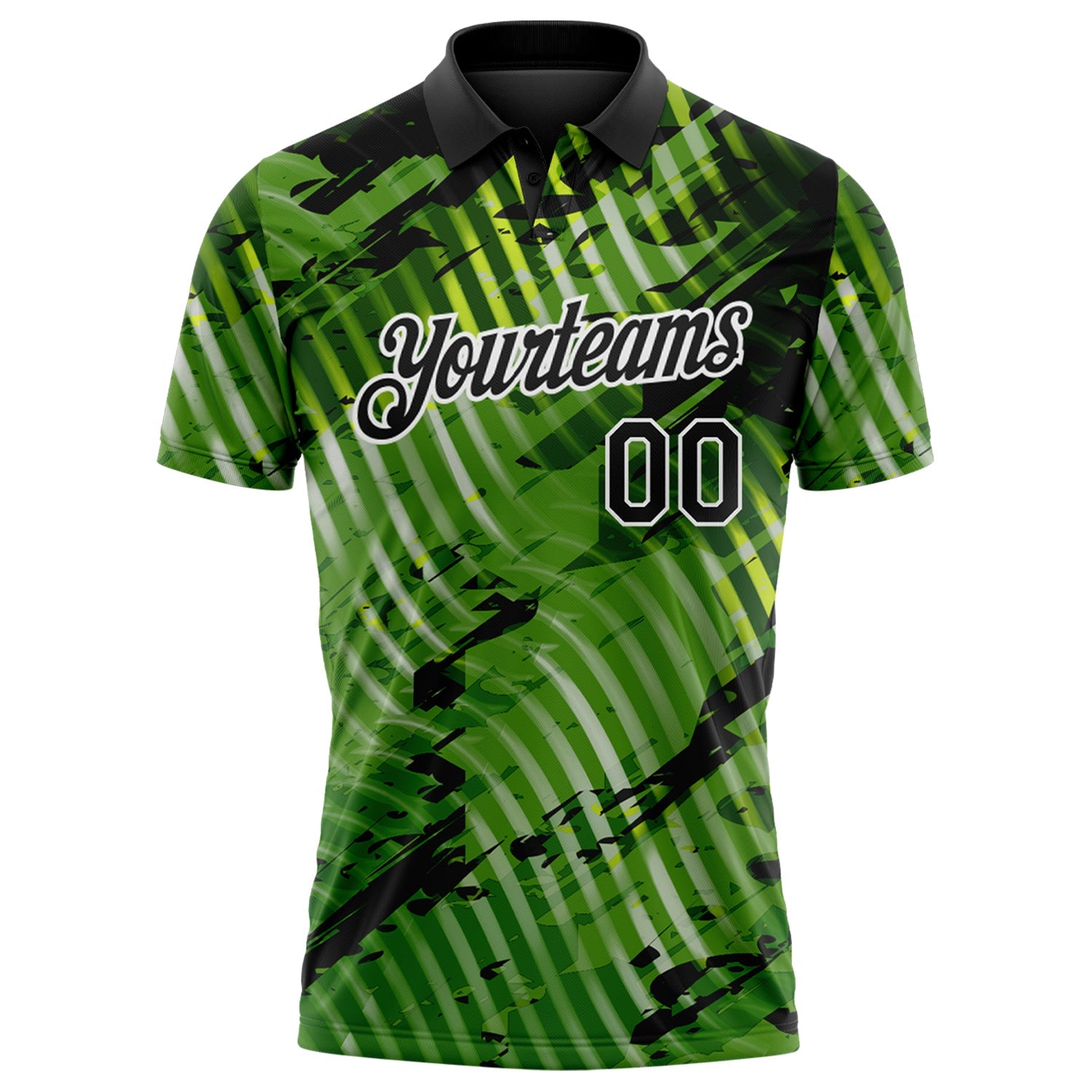 Custom Black Neon Green-White Abstract Grunge Splatter Diagonal Stripe Performance Polo Shirt view 2
