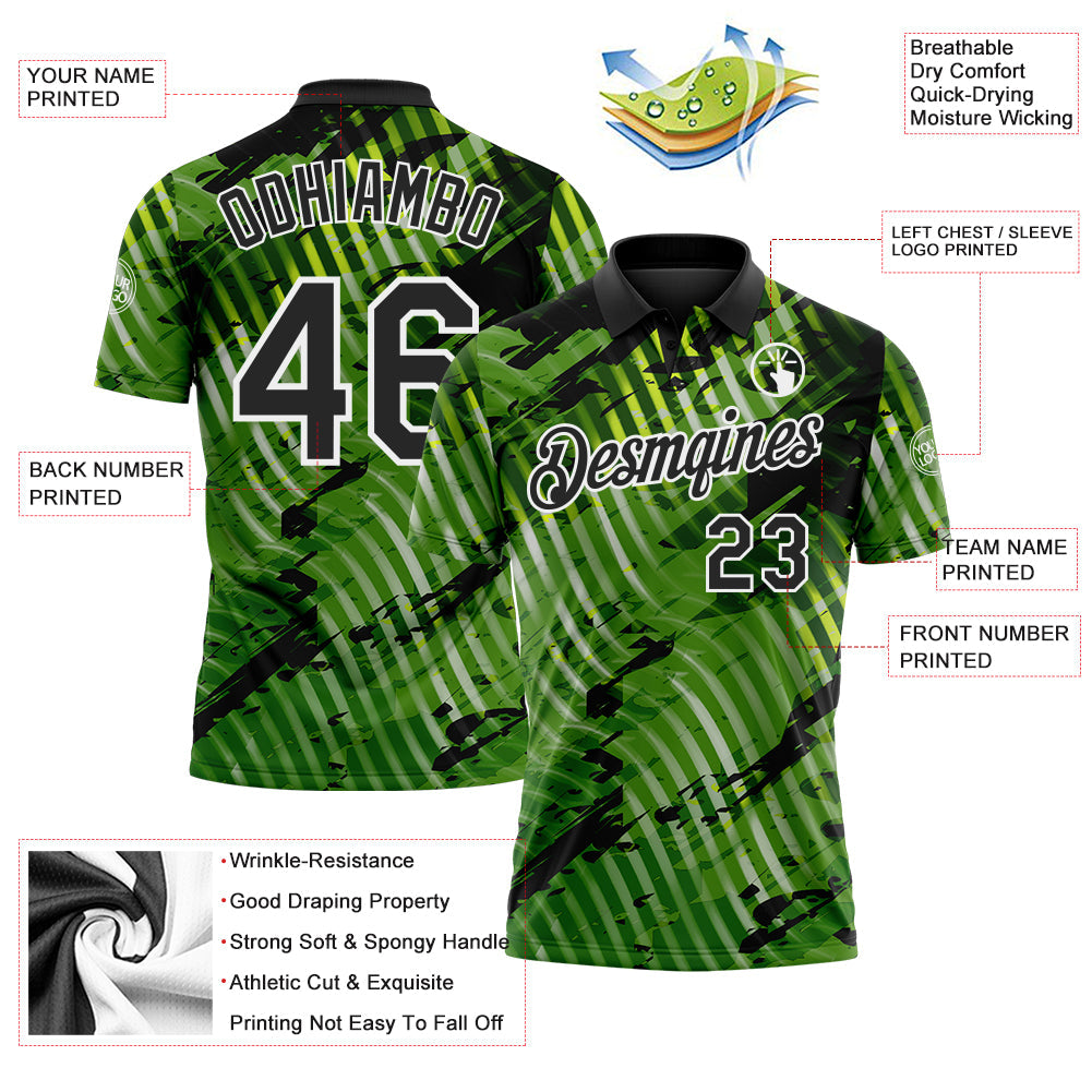 Custom Black Neon Green-White Abstract Grunge Splatter Diagonal Stripe Performance Polo Shirt view 3