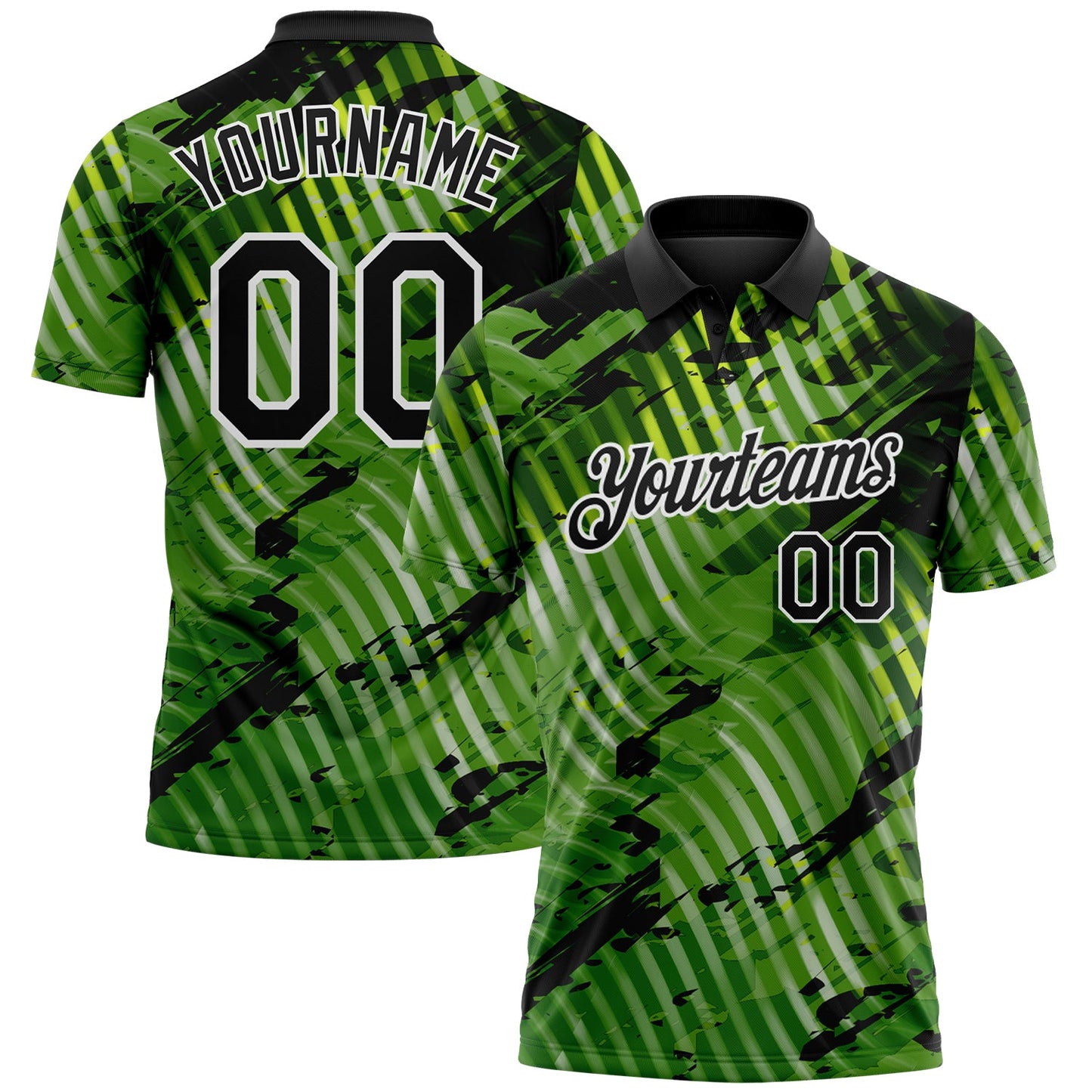 Custom Black Neon Green-White Abstract Grunge Splatter Diagonal Stripe Performance Polo Shirt - Main View
