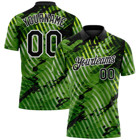Custom Black Neon Green-White Abstract Grunge Splatter Diagonal Stripe Performance Polo Shirt - Main View