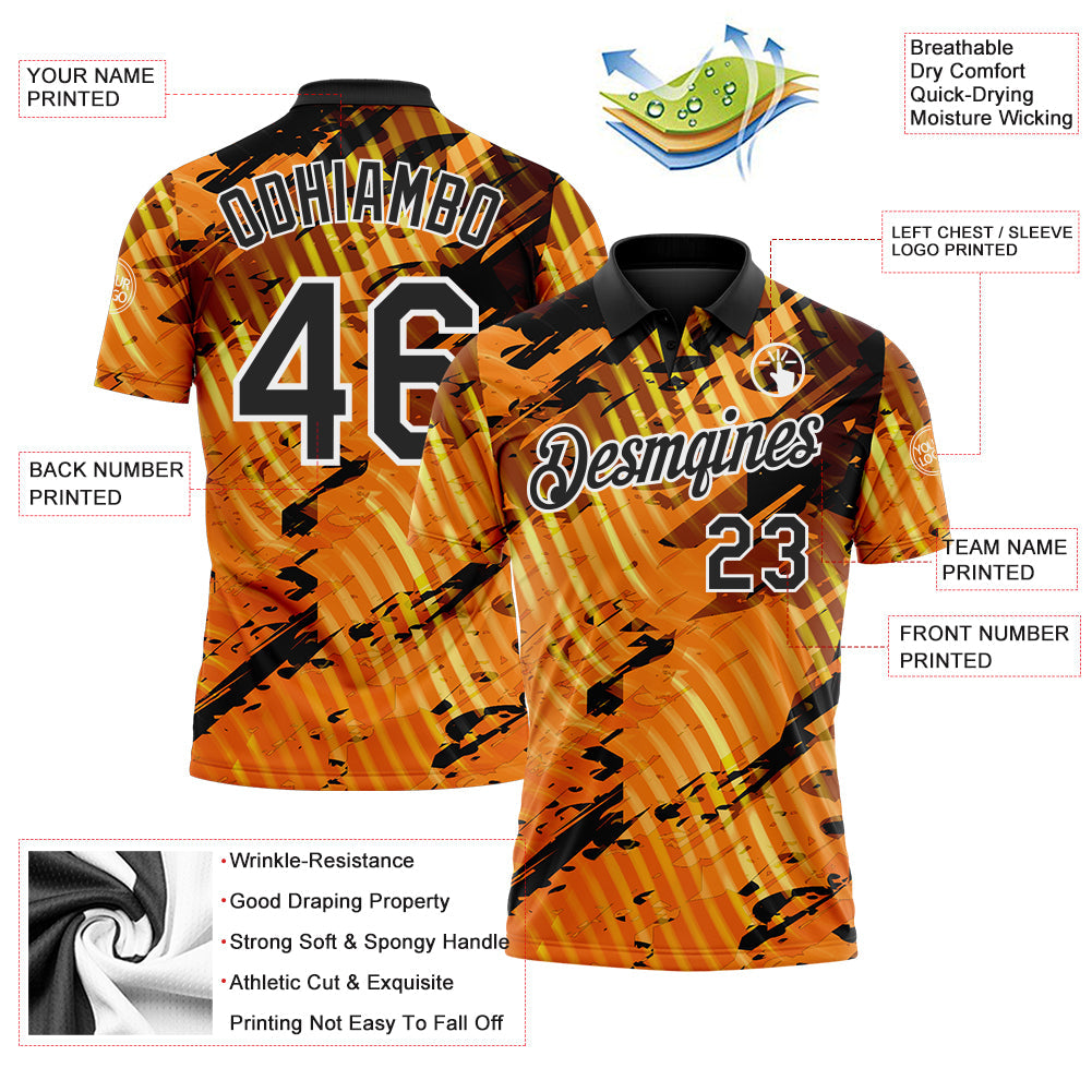 Custom Black Gold-White Abstract Grunge Splatter Diagonal Stripe Performance Polo Shirt view 3