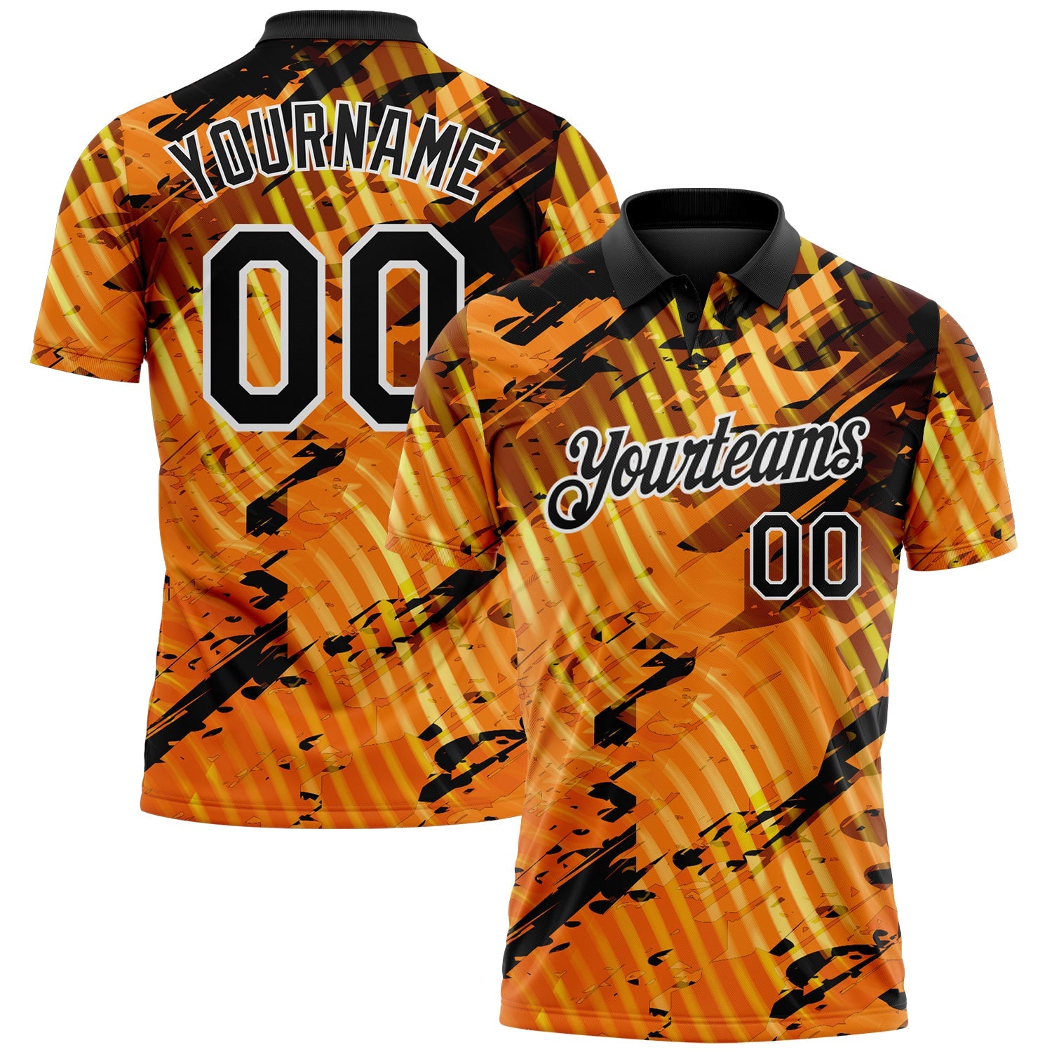 Custom Black Gold-White Abstract Grunge Splatter Diagonal Stripe Performance Polo Shirt - Main View